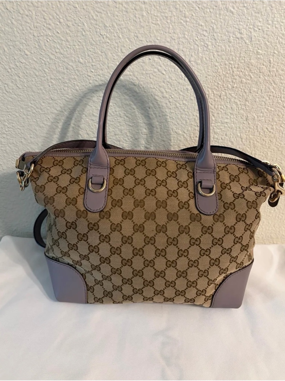 Gucci Beige GG Canvas Satchel with Taupe-Purple Leather Trim